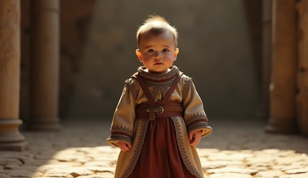 A highly realistic, high-contrast, 8K HD, detailed, hyper-detailed image of a baby standing alone in a medieval setting. The baby is dressed in the same traditional attire as seen in the provided image, with soft lighting highlighting the intricate details of the fabric. The baby stands confidently, looking directly at the viewer with a calm and curious expression. The atmosphere is serene and warm, capturing the innocence and strength of the child in this historical setting. The image is of the highest quality, with ultra-high resolution, RAW photo quality, and Unreal Engine rendering, showcasing the baby as the central focus, dressed in the same attire as in the original scene.