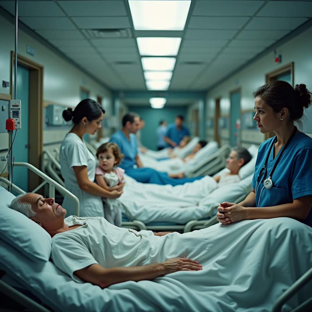 Generate realistic images of 
The pateint are i hospital bad  generate lots of patients at bad  in hospital hallaway