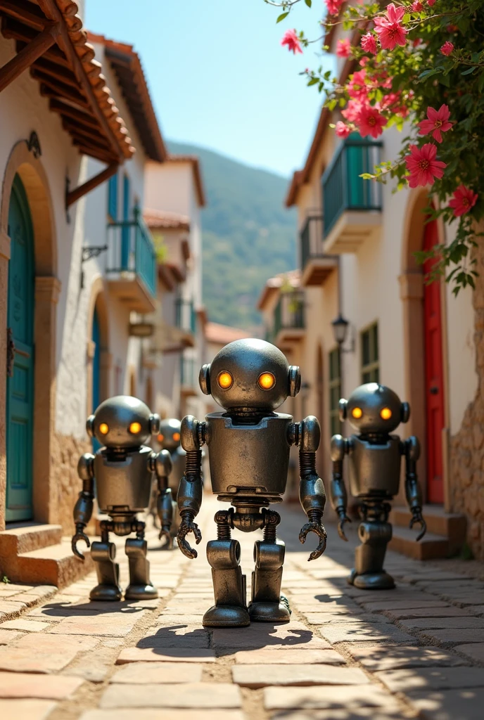Badass little robots walking in a Mediterranean village in 1800 scaring villagers