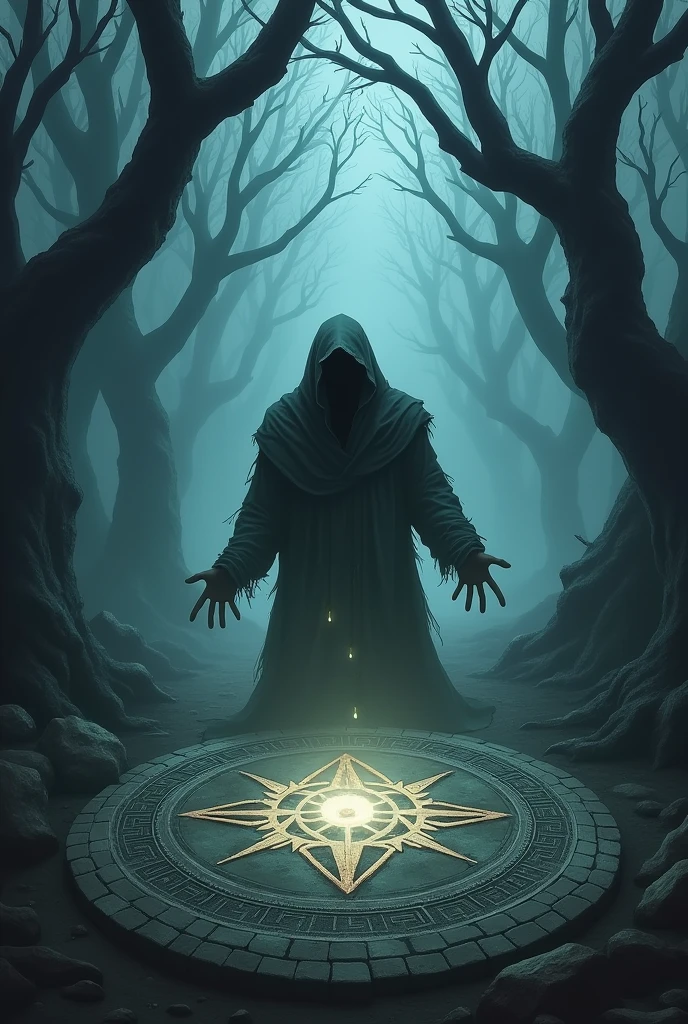 A Pokemon card style battle card with the name "Sacrifice of Darkness" with a symbol of the ritual with sacrifice on the ground and a person sucking the life out of the sacrifice.