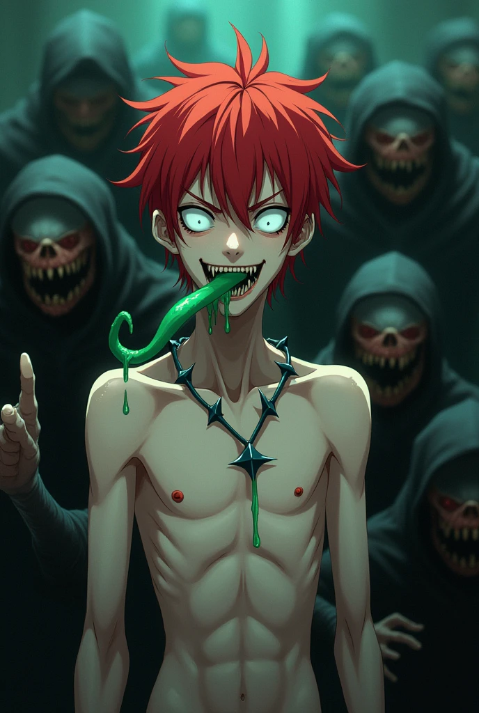 Create a thin male character with short red hair, white eyes, sharp teeth, a long tongue sticking out, green saliva,without a blouse with bony spines ,with humanoid black creatures with claws and sharp teeth  wrapped in the scenery, anime style