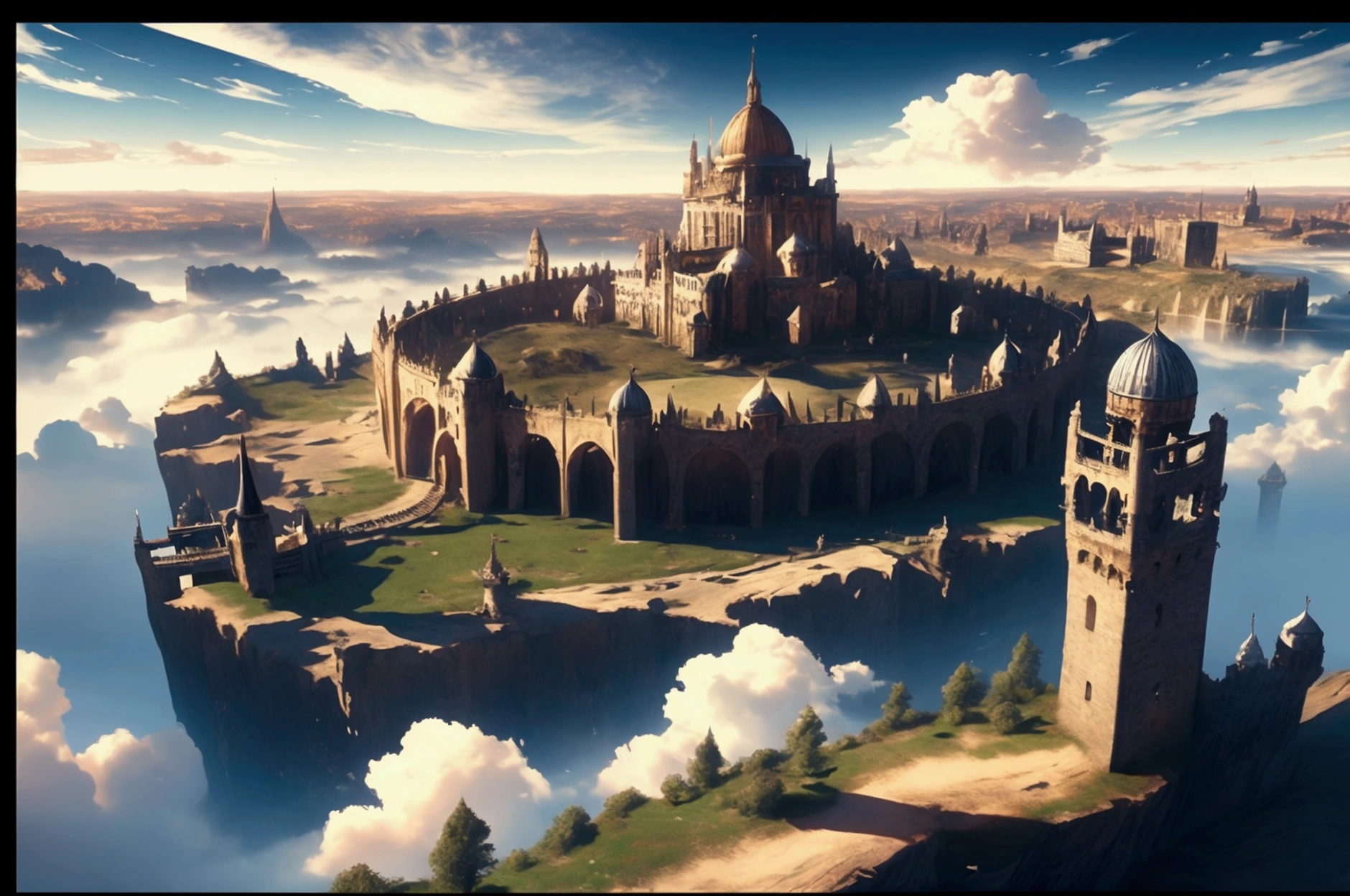 (32k, 8k, high graphics, high resolution, high details) medieval fantasy kingdom, panoramic view, extremely beautiful place, huge tower in the center, wonderful view, blue and majestic sky with clouds