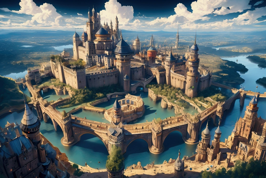 (32k, 8k, high graphics, high resolution, high details) medieval fantasy kingdom, panoramic view, extremely beautiful place, huge tower in the center, wonderful view, blue and majestic sky with clouds