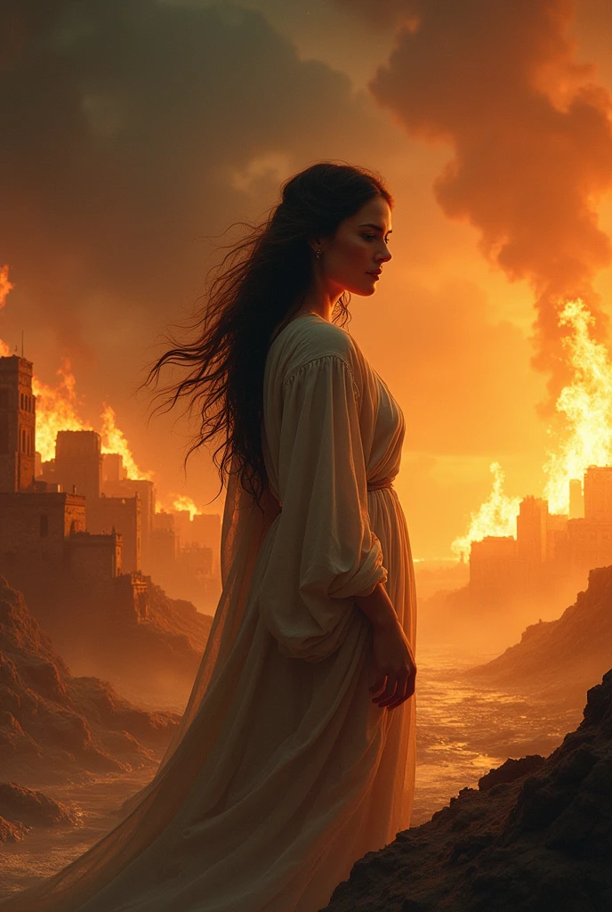 Lot&#39;s wife looking back and turning into a pillar of salt, for having looked in the background at the cities of Sodom and Gomorrah that are being destroyed by the fire and brimstone that falls from heaven by God.