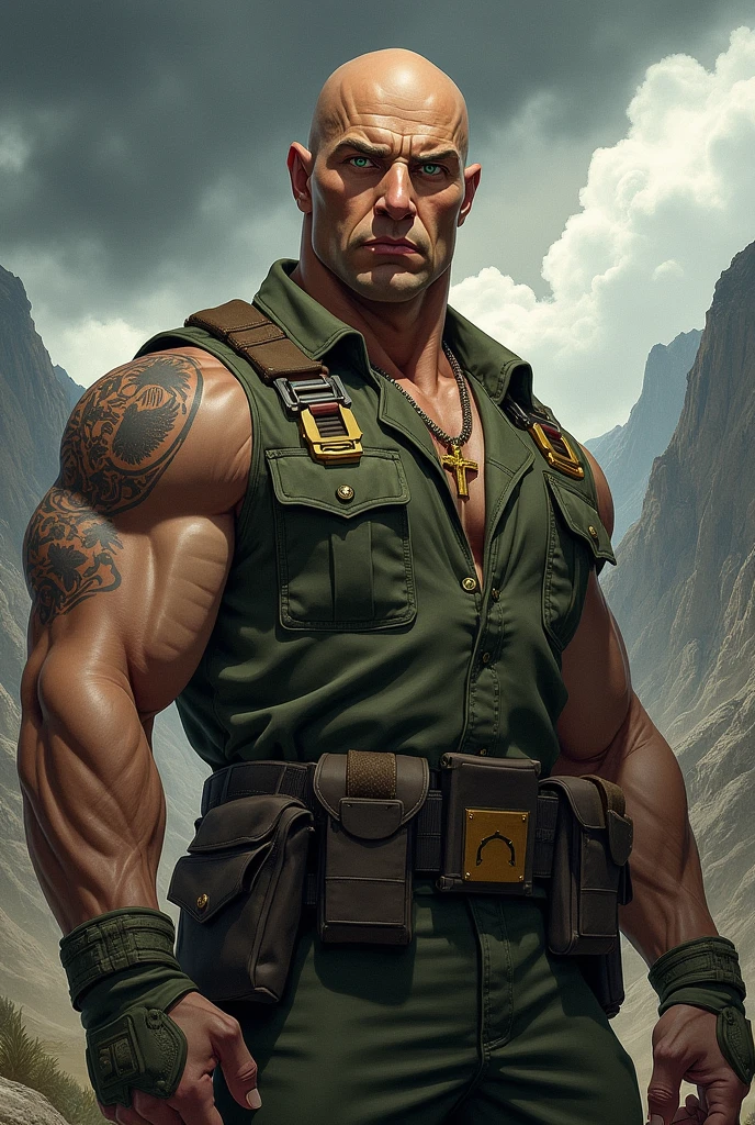 Strong Man Drawing, 40 year old, big scar on the face, Green Eye, baldie, militar, high resolution, 4K, Full HD, drawning 