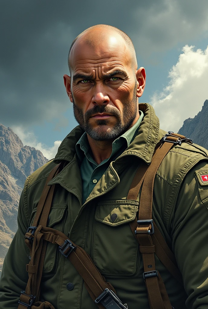 Strong Man Drawing, 40 year old, big scar on the face, Green Eye, baldie, militar, high resolution, 4K, Full HD, drawning