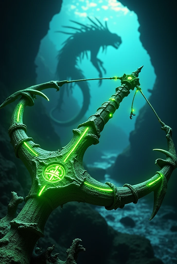 Draw a crossbow made from the bones of a monstrous sea serpent, with green details, magica. In the background, a submerged cave with the tail of some blurry sea monster. 8k, epic