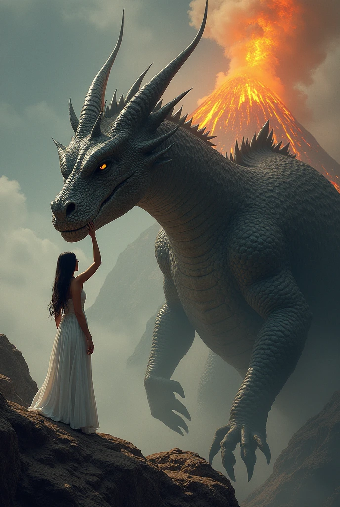 This fantasy artwork depicts a giant dragon and a woman in a spectacular landscape.。Dragons are covered in scales、The head has sharp horns。The eyes are deep yellow、It has a mysterious presence。The woman is wearing a long white dress、Touching the dragon's face。In the background, a volcano erupts and ash rises into the sky.、Darken overall、There is a powerful atmosphere。This scene、It seems to symbolize the special bond and interaction between humans and dragons.。