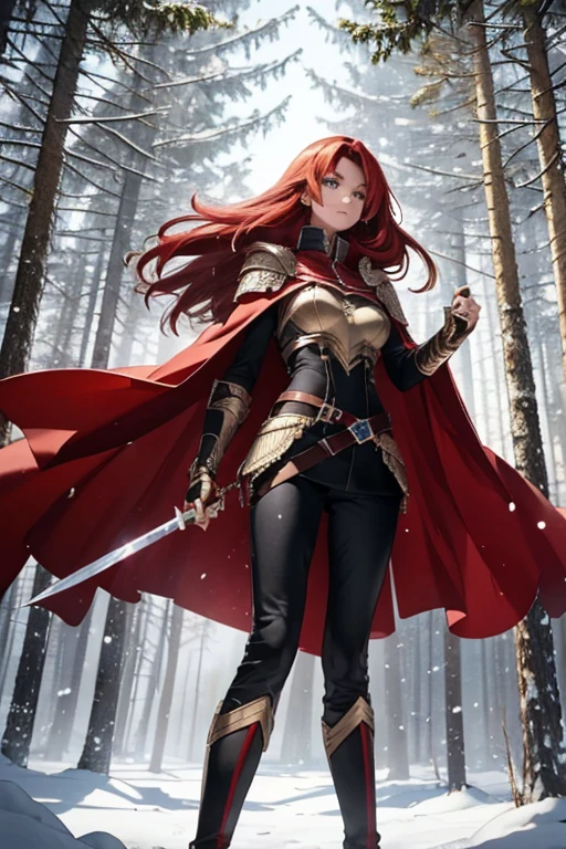 Sylara Stormblade, a tall woman with bright red hair and blue eyes, wearing elegant mithril armor with golden details, tight black leather pants with metallic segments, a sturdy belt with multiple compartments and pouches for storing items and a scabbard for her sword, knee-high leather boots, with shin and ankle reinforcement, in golden details, anime style, standing in a forest, wearing gauntlets and a red cape, in the snow, showing her whole body in an action pose.