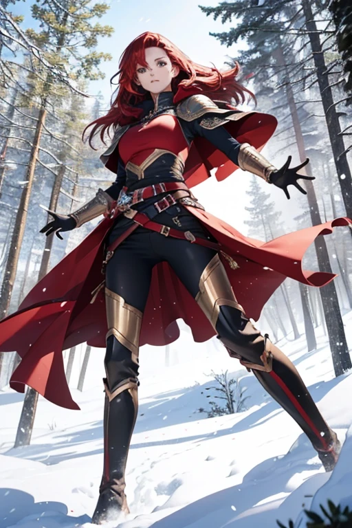 Sylara Stormblade, a tall woman with bright red hair and blue eyes, wearing elegant mithril armor with golden details, tight black leather pants with metallic segments, a sturdy belt with multiple compartments and pouches for storing items and a scabbard for her sword, knee-high leather boots, with shin and ankle reinforcement, in golden details, anime style, standing in a forest, wearing gauntlets and a red cape, in the snow, showing her whole body in an action pose.