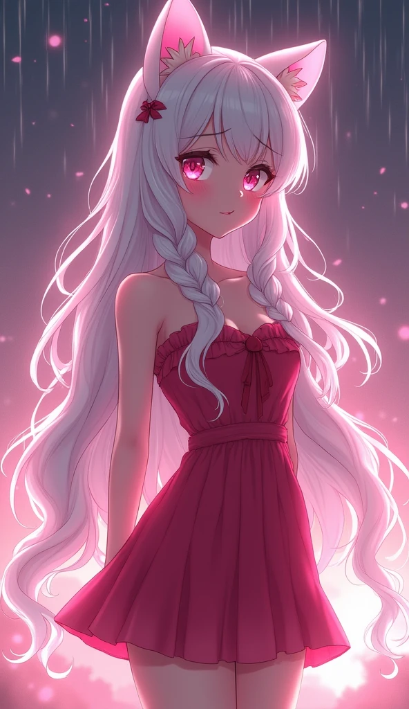 photorealistic,Realistic illustration in Modelshoot style,((masterpiece)),((The best quality)),((Ultra Quality)),((ultra detailed)),((1girl long white hair)),((Only)),((waifu:1.5)),Perfect anatomy,perfect hands,beautiful cuerpo,beautiful_method,ulzzang-6500-v1,e-chica,((Exceptionally Beauty Waifu Princess)), intricate details, realist, photorealist, Full Body Portrait, Instagram Photo of a woman wearing aretes, Mary R., inspired by Emma Andijewska, wrapped in crystals,(masterpiece:1.3), (Best Quality:1.3), (Ultra-detailed:1.2), ((kawaii)), Cute, (lovely), ((sexy)), ((Extremely detailed)), 4K, (8K), Best Quality, (Beautiful), Illustration, anime style, (bold line:1.2), Gradation,(best quality, ultra-detailed, photorealistic: 1.39), bright and vibrant colors, studio lighting, (Perfect eyes:1.2), (Perfect iris:1.2), romantic kawaii expression, cute delicate smile, kawaii makeup, 17-year-old e-girl, short red dress, platinum braided and curl white hair, cat ears, big breasts, fit, long wavy hair, mercenary, Mary R.,((bright-pink_eyes)),long wavy hair, ((white hair)),hair clips,eyeliner,cute makeup,lipstick,Glossy lipstick,with a look of terror, worry and sadness,((eyes detallados perfectos)),rainy with fog outside,evening,pink theme,bioluminiscencia,light particles,((Extremely CG Unity 8K Wallpaper)),((cinematic lighting,Best quality lights)),intricate details,Suave,sharp focus,Extremely beautiful and aesthetic,Octane rendering,Full length portrait,damp skin,((Perfect detailed body)),
