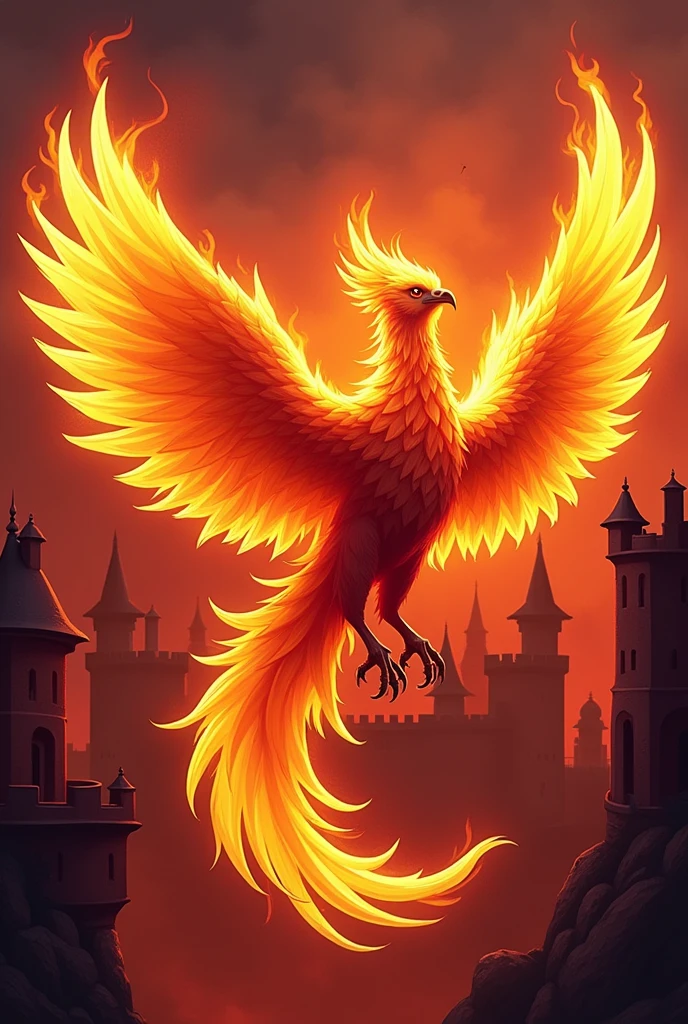 An Animation Style Badge, Phoenix style fire referring to a simpler texture, with a background of a Fire Castle