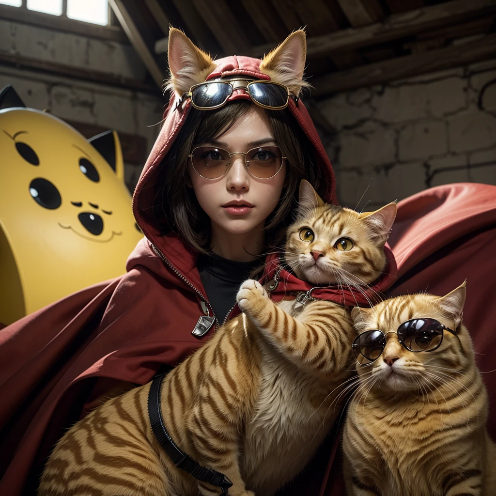 Create a yellow cartoon cat wearing aviator sunglasses, red cloak. The setting of a world consumed by war against mutant cartoon rats