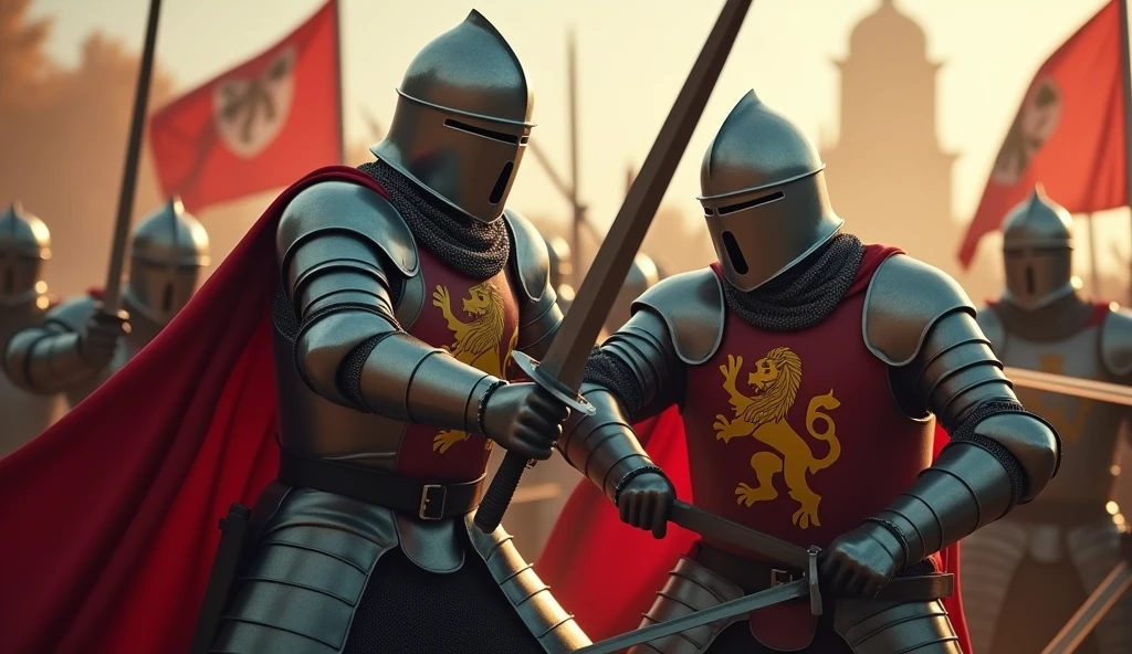 A highly realistic, high-contrast, 8K HD, detailed, hyper-detailed image of medieval knights engaged in fierce battle, fighting with unyielding spirit and determination not to fall, even against overwhelming odds. The knights, clad in steel armor with lion emblems on their tunics and armor, and helmets fully covering their faces, stand strong as they clash with their enemies. The intensity of the battle is evident in their powerful strikes and unwavering resolve. Despite being outnumbered, the knights fight on, their determination evident in every movement. The atmosphere is tense and heroic, capturing the raw courage and indomitable spirit of the knights as they refuse to back down. The image is of the highest quality, with ultra-high resolution, RAW photo quality, and Unreal Engine rendering, showcasing the knights' bravery and the lion emblem prominently displayed on their armor.