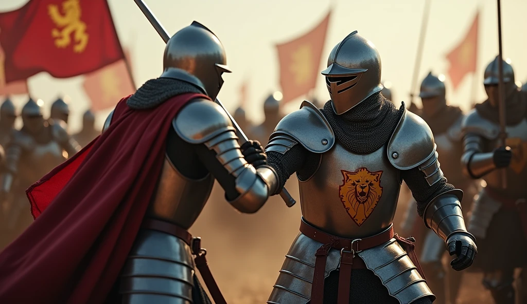 A highly realistic, high-contrast, 8K HD, detailed, hyper-detailed image of medieval knights engaged in fierce battle, fighting with unyielding spirit and determination not to fall, even against overwhelming odds. The knights, clad in steel armor with lion emblems on their tunics and armor, and helmets fully covering their faces, stand strong as they clash with their enemies. The intensity of the battle is evident in their powerful strikes and unwavering resolve. Despite being outnumbered, the knights fight on, their determination evident in every movement. The atmosphere is tense and heroic, capturing the raw courage and indomitable spirit of the knights as they refuse to back down. The image is of the highest quality, with ultra-high resolution, RAW photo quality, and Unreal Engine rendering, showcasing the knights' bravery and the lion emblem prominently displayed on their armor.
