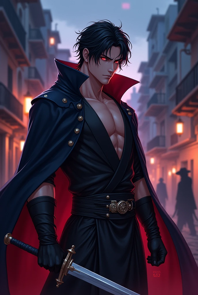 create an anime style image of a very handsome roguish man with a mysterious expression, dark cloak, a Rapier in hand, jet black hair, scarlet eyes, defined body, muscular chest out, muscular arms 