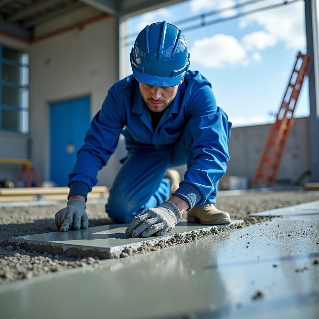 Visualize a realistic scene in 8K, with a mason applying mortar to the surface using a trowel. The bricklayer, equipped with blue PPE, including helmet, Gloves and uniform, He is focused on the task, spreading the mortar evenly to prepare the base for the floor. The image is dominated by shades of blue, reflected in the worker's PPE and the surrounding environment, creating a cohesive and professional atmosphere. The high resolution captures the details of the mortar texture, the mason's application technique and the work environment, providing a clear and detailed view of the process