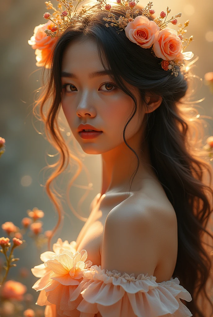 (photorealism:1.2), (best quality,4k,8k,highres,masterpiece:1.2),ultra-detailed,(realistic,photorealistic,photo-realistic:1.37), intricate, elegant, ethereal, detailed female portrait, beautiful woman, long flowing hair, piercing eyes, delicate facial features, ornate floral headpiece, flowing dress, glowing skin, soft lighting, warm colors, romantic, dreamy, whimsical