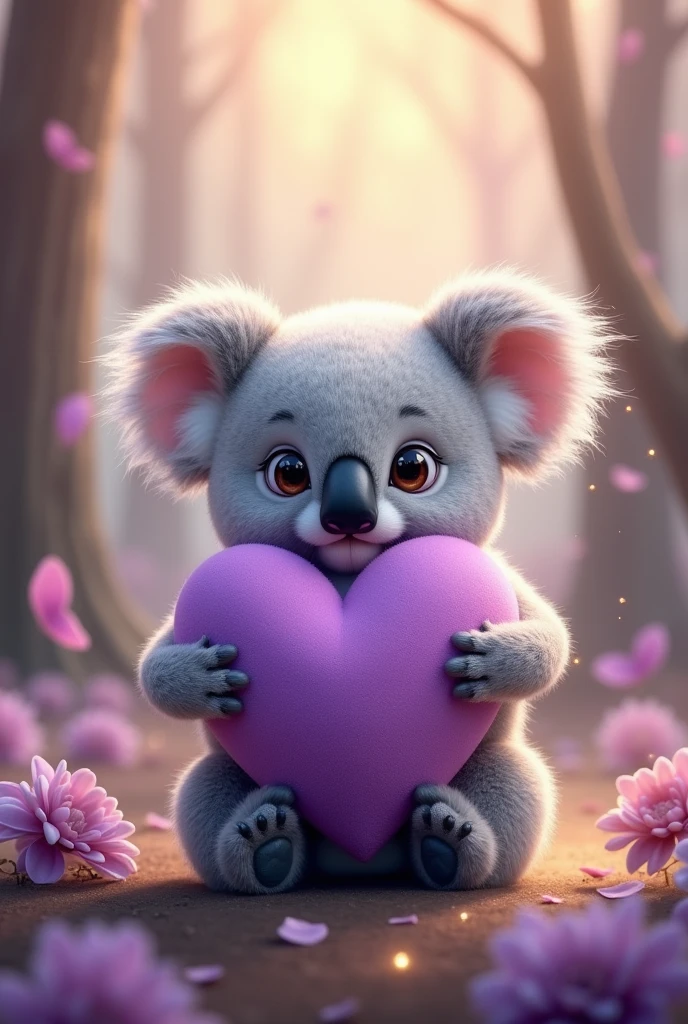 A koala hugging a purple heart