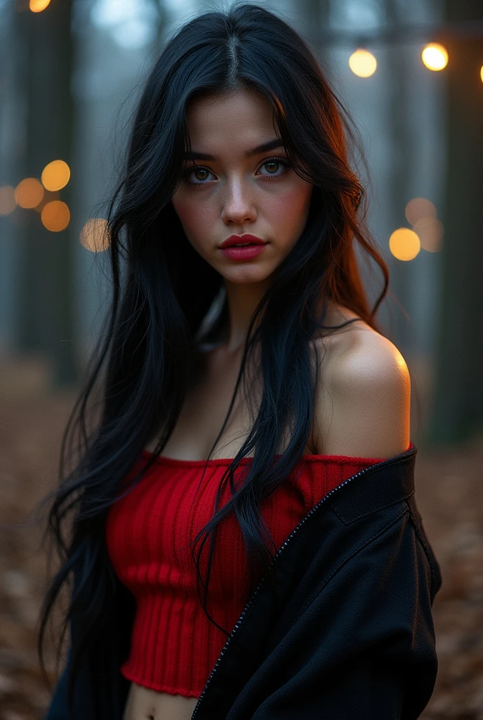 masterpiece, best quality, highly detailed, 1girl, solo, hair down, long hair, red off-shoulder sweater, black varsity jacket, looking at viewer, smile, blush, Wide Smile, Eyes Detailed & Wide, sexy Pose. Ultra HD, Rococo-Inspired Fantasy Art With Intricate Details. Cute, Charming Expression, Alluring-Gaze, looking at viewer Beautiful Eyes, An-Ideal-Figure. Large Youthful Well-Shaped-Breasts, plump breasts, Massive-Round-Bosom, Décolletage. slim waist, fit body, full lipsWarm lights , woman in a starry forest at night, with fluffy hair, with straight hair, delicate face, realistic, real, slim, large aperture, sexy shots, attractive pose, Russian, Indonesian. symmetrical face, photorealistic, photography, path tracing, specular lighting, volumetric face light, path traced hairmaximum quality{(masutepiece) (8K High Resolution) (top-quality), heterochromia, blue eyes, red eyes, black hair.