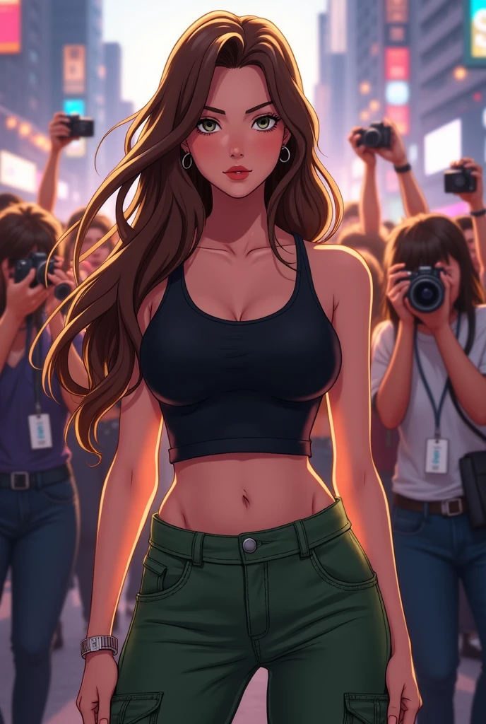 Make an anime syle drawing of an America white woman with long brown hair and fairly large breasts. She is very pretty and she is young and about 18 years old. She is wearing a small tight black tank top and green cargo pants and she is surrounded by paparazzi.