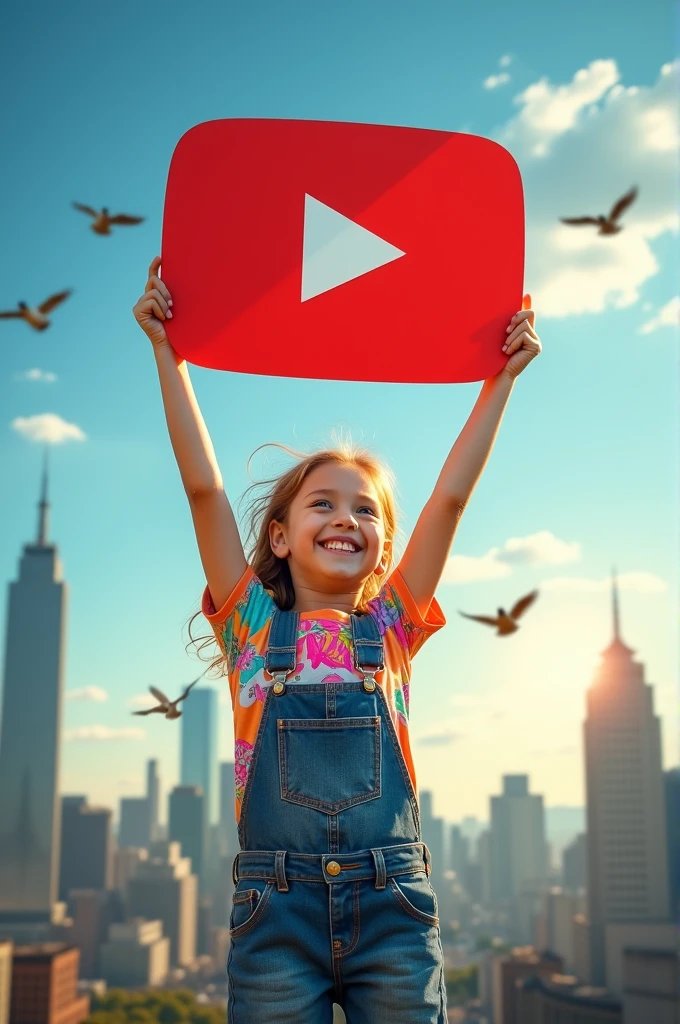 A young a young girl holding YouTube icon
