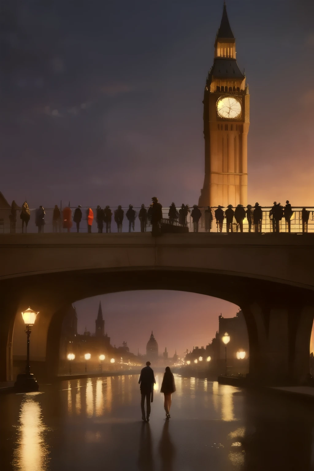 people walking on a bridge in a city at night with a large clock tower in the background, classic scenario, arstation and beeple highly, city street, metropolis, Albert Edward Hughes's draw style