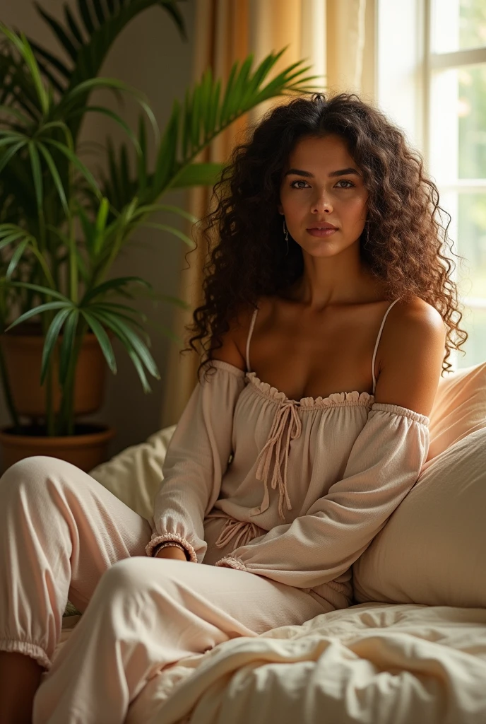 (photorealism:1.2), beautiful woman, sitting on bed, wearing loose off-shoulder top, pajama pants, long curly hair, indoors, soft lighting, plants in background, window with sunlight, cozy room, relaxed pose, realistic, intricate details, warm colors, by Greg Rutkowski, by Alphonse Mucha