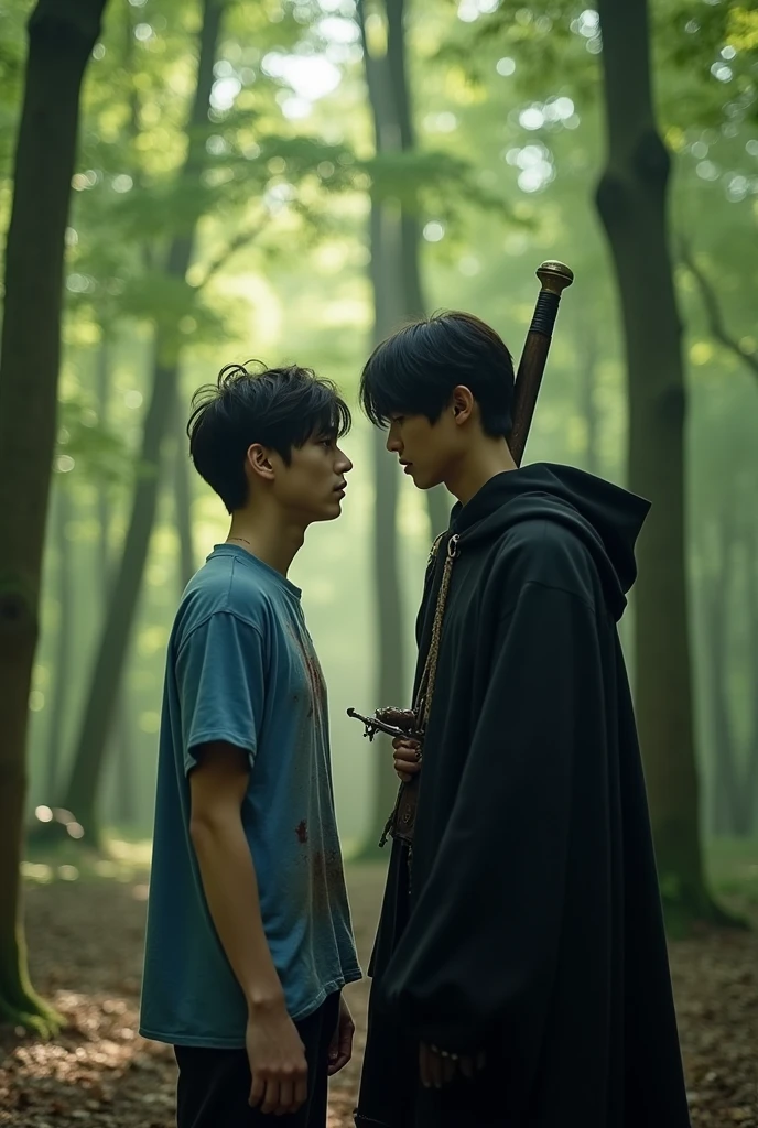 Jeon Jungkook and Kim Taehyung are in a forest. They are facing each other. Jungkook's eyes are full of tears. Jungkook is wearing a blue t-shirt and it is dirty. Taehyung is wearing black clothes. Taehyung has a black cloak on. A sword has pierced Taehyung's back and come out of his chest. Taehyung is covered in blood.
