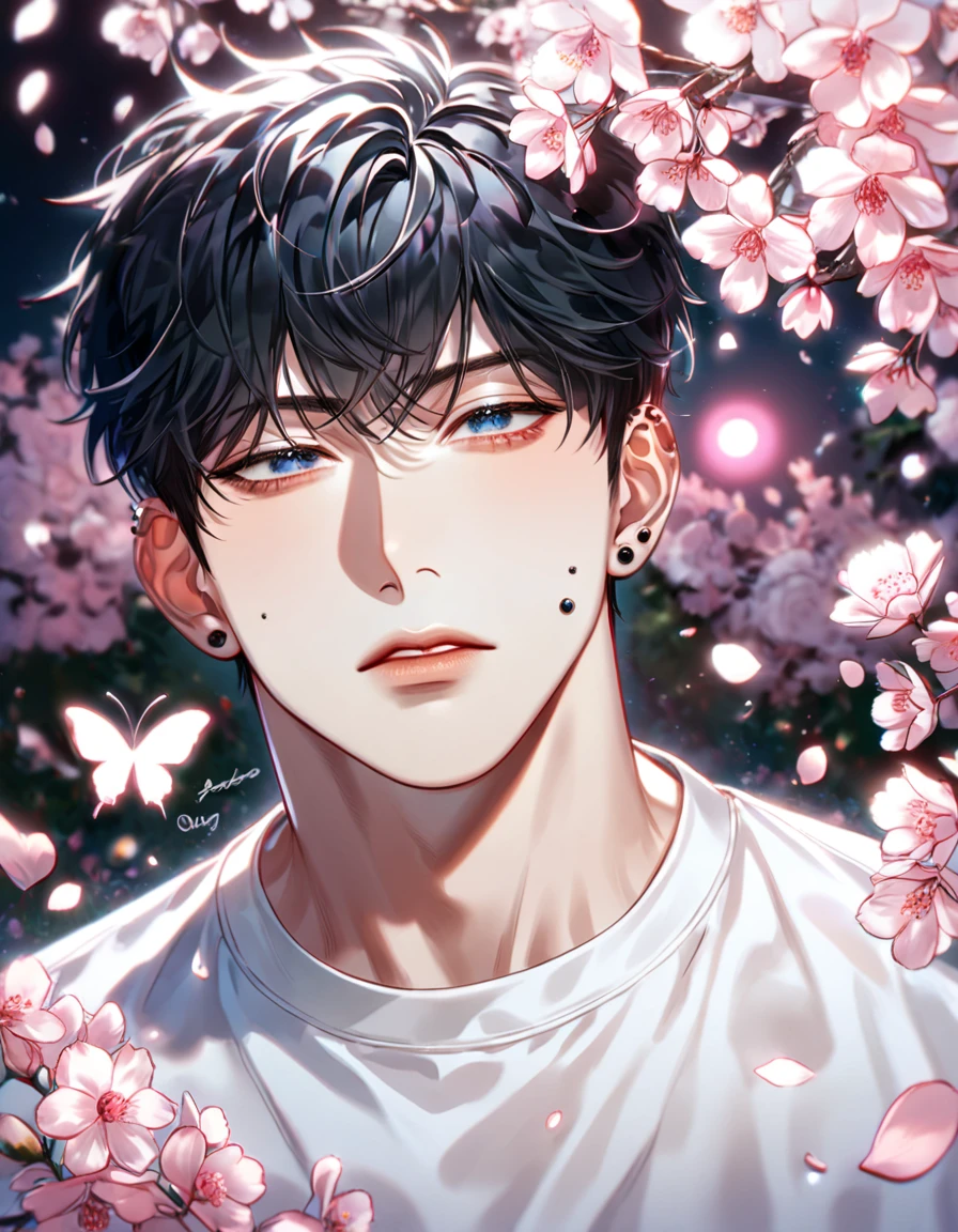absurdres, highres, ultra detailed, HDR, master piece, best quality, extremely detailed face, delicated features, Kang Woojin, black hair, messy hair, expressive dark blue eyes, Love Jinx, solo, sexy man, handsome, sensual, white shirt with a black T-shirt underneath, black piercings, fantasy, magical, cherry blossoms, pink flowers, pink butterflies, pink petals, pink moon, garden