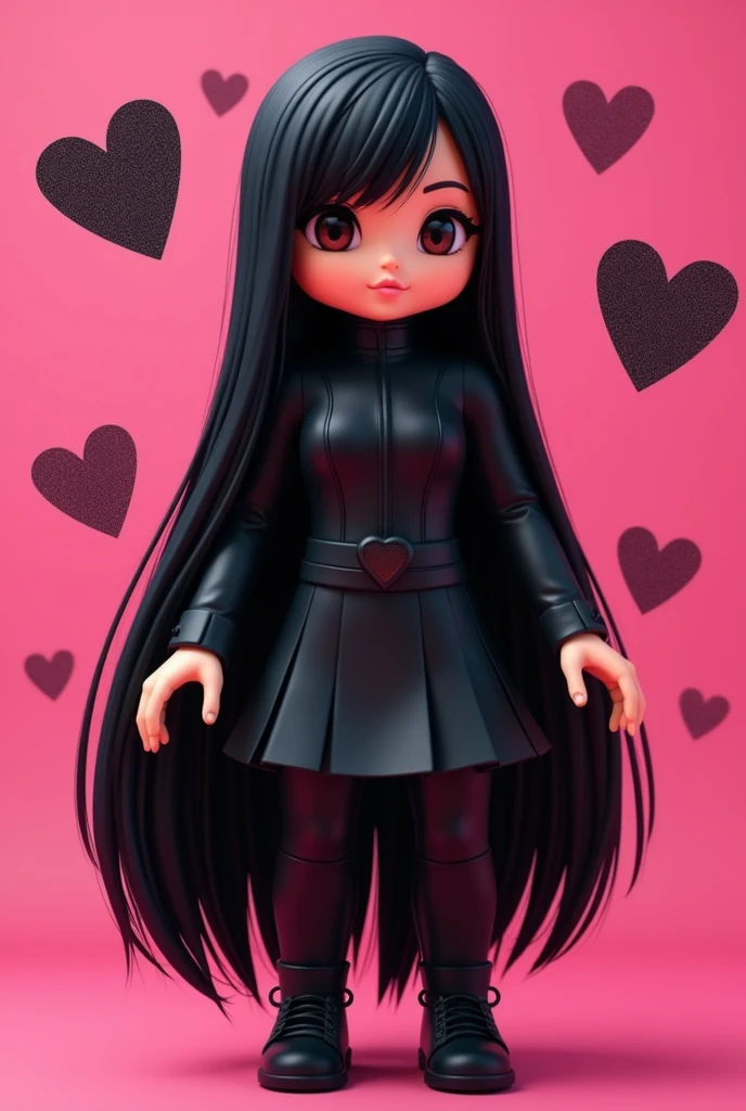 Generate roblox character in girl with super very black long hair with black uniform with black skirt and background in pink with beautiful black hearts