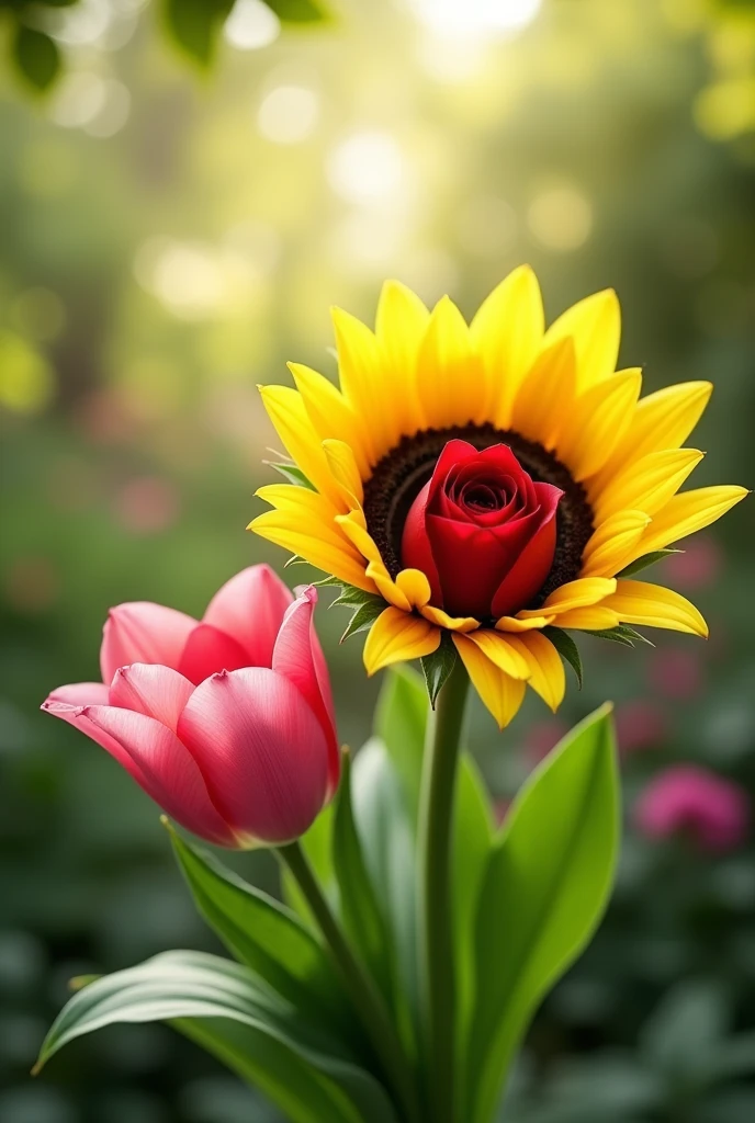 A bouquet with 1 sunflower, 1 tulip and 1 rose