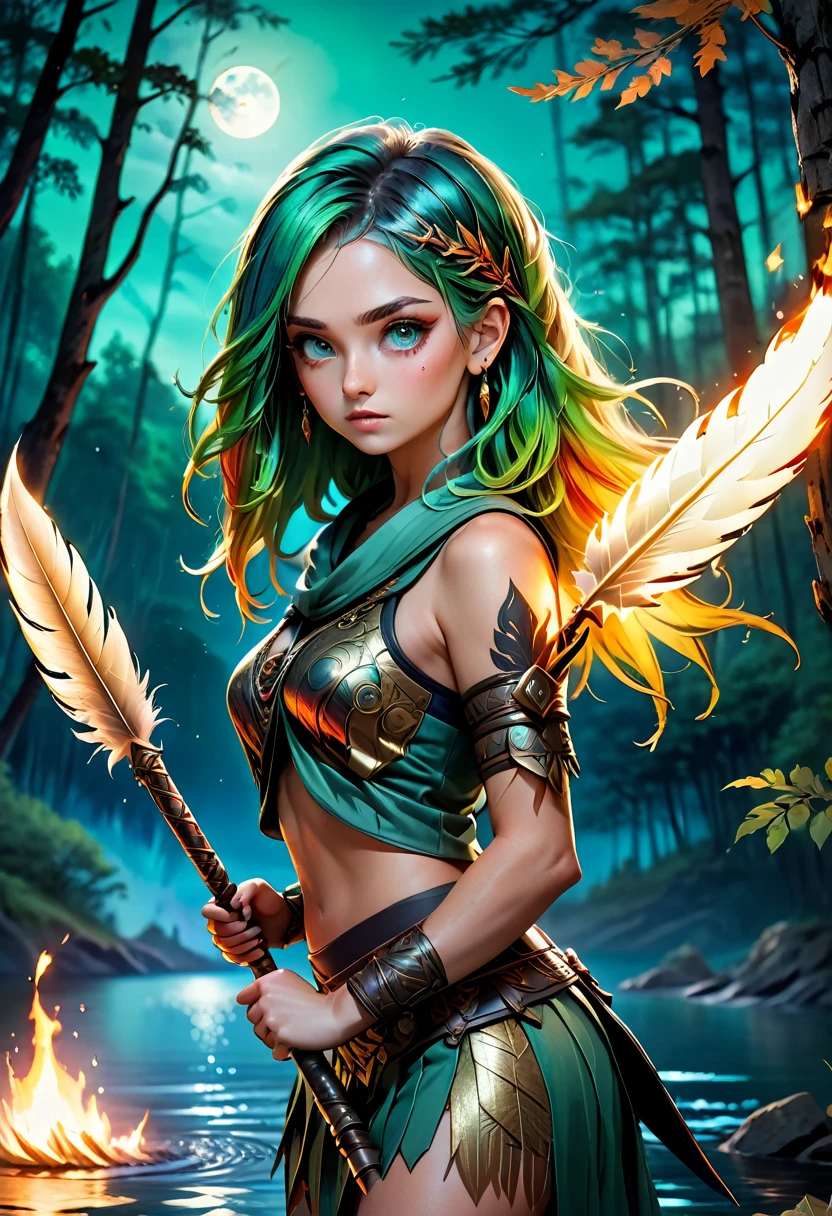 (masterpiece), fire rainbow hair, anime style, wide eyes, 1 girl, female-focused, 1 girl, solo focused, dynamic lighting, UHD, Ember color eyes, beautiful sparkle eyes, expressive eyes, Princess Mananoke style cloth, warrior hunter cloths, tattoo, holding, weapon, bone_spear, feather, tribal, forest, nighttime, lake, green shrubs, fantasy animals