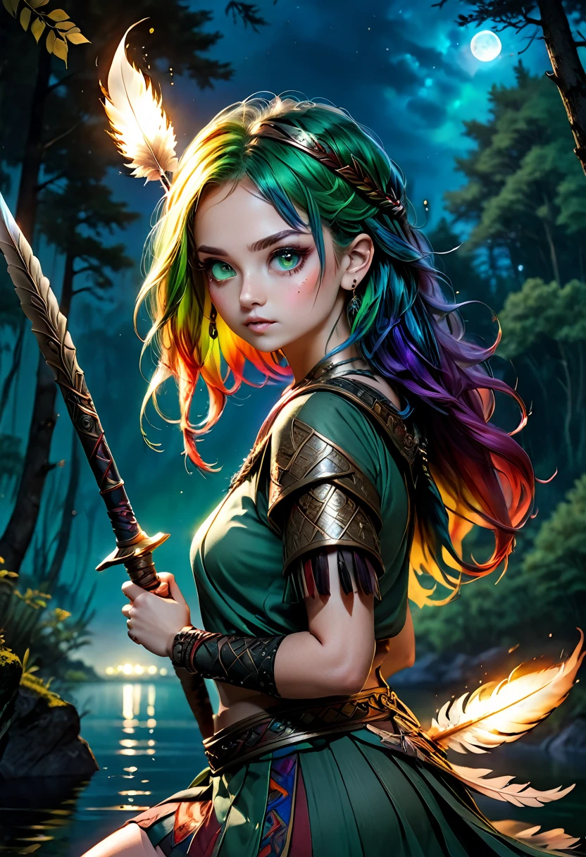 (masterpiece), fire rainbow hair, anime style, wide eyes, 1 girl, female-focused, 1 girl, solo focused, dynamic lighting, UHD, Ember color eyes, beautiful sparkle eyes, expressive eyes, Princess Mananoke style cloth, warrior hunter cloths, tattoo, holding, weapon, bone_spear, feather, tribal, forest, nighttime, lake, green shrubs, fantasy animals