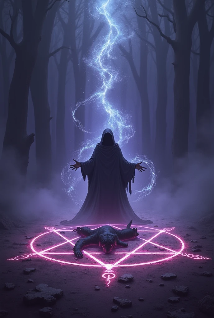 A Pokemon card style battle card with the name "Sacrifice of Darkness" with a ritual sacrifice symbol(a human or animal bleeding) on the ground and a person sucking the life out of the sacrifice.