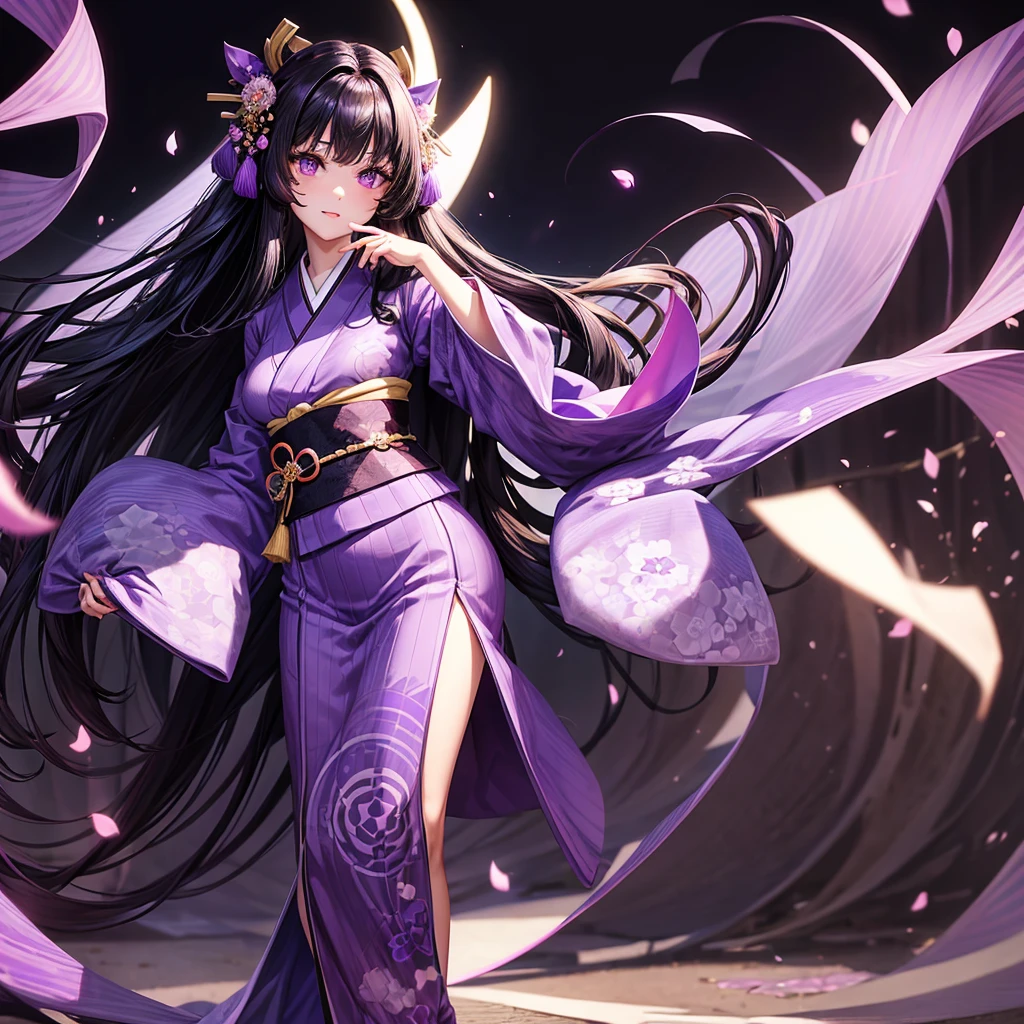 Draw a standing illustration of a woman with purple eyes and hair、Draw a full-body standing image of a woman with long hair, wearing a kimono with a violet pattern on a black background, a mole on the left side of her face, and long, narrow eyes.