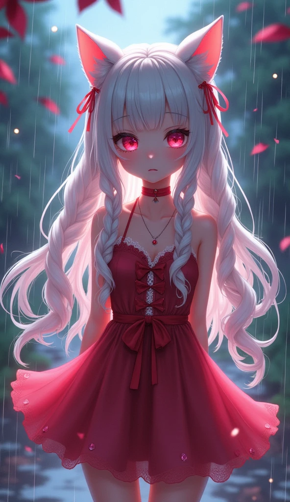 photorealistic,Realistic illustration in Modelshoot style,((masterpiece)),((The best quality)),((Ultra Quality)),((ultra detailed)),((1girl long white hair)),((Only)),((waifu:1.5)),Perfect anatomy,perfect hands,beautiful cuerpo,beautiful_method,ulzzang-6500-v1,e-chica,((Exceptionally Beauty Waifu Princess)), intricate details, realist, photorealist, Full Body Portrait, Instagram Photo of a woman wearing aretes, Mary R., inspired by Emma Andijewska, wrapped in crystals,(masterpiece:1.3), (Best Quality:1.3), (Ultra-detailed:1.2), ((kawaii)), Cute, (lovely), ((sexy)), ((Extremely detailed)), 4K, (8K), Best Quality, (Beautiful), Illustration, anime style, (bold line:1.2), Gradation,(best quality, ultra-detailed, photorealistic: 1.39), bright and vibrant colors, studio lighting, (Perfect eyes:1.2), (Perfect iris:1.2), romantic kawaii expression, cute delicate smile, kawaii makeup, 17-year-old e-girl, short red dress, platinum braided and curl white hair, cat ears, big breasts, fit, long wavy hair, mercenary, Mary R.,((bright-pink_eyes)),long wavy hair, ((white hair)),hair clips,eyeliner,cute makeup,lipstick,Glossy lipstick,with a look of terror, worry and sadness,((eyes detallados perfectos)),rainy with fog outside,evening,pink theme,bioluminiscencia,light particles,((Extremely CG Unity 8K Wallpaper)),((cinematic lighting,Best quality lights)),intricate details,Suave,sharp focus,Extremely beautiful and aesthetic,Octane rendering,Full length portrait,damp skin,((Perfect detailed body)),