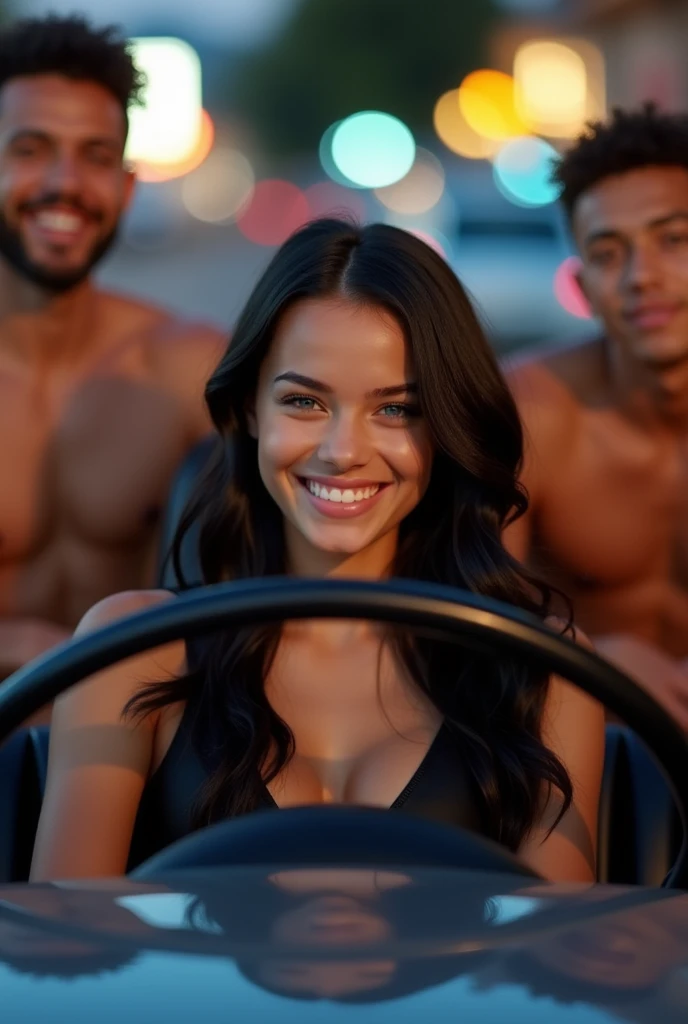 American girl in the car, mideum boobs, sexy, beautiful eyes, smile,black hair, in black top blue pants blowup the top two guys in frame, naked chest