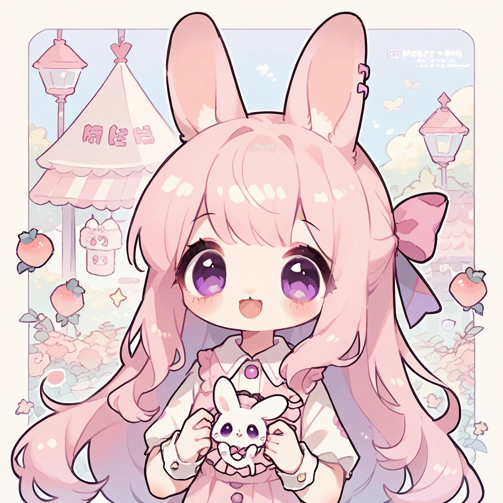 1girl, cute girl, peach hair, long hair, ribbon, purple eyes, bangs, bunny ears, cute casual outfit, happy, icon size
