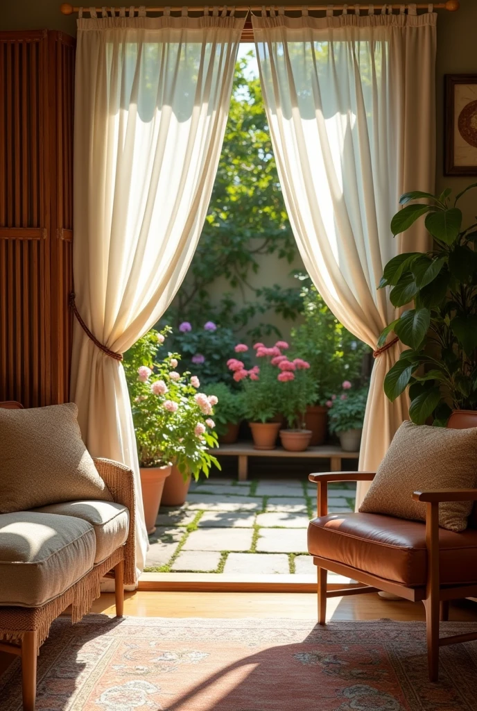 Please can you create an image of a room that has a small patio which is divided by a screen?