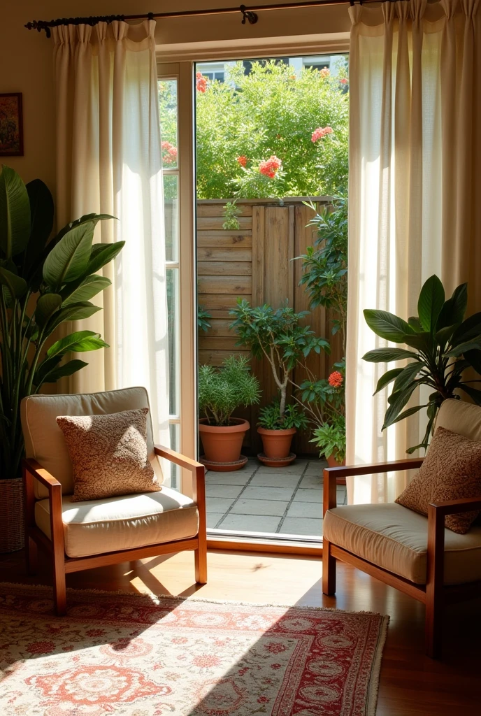Please can you create an image of a room that has a small patio which is divided by a screen?