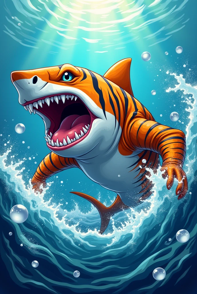 Foaming at mouth cartoon muscular tiger shark