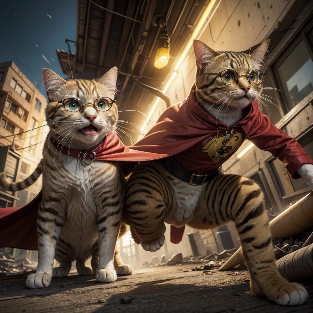 a yellow cartoon cat wearing aviator glasses, red cape, in a war-torn cartoon world against mutant cartoon rats, detailed, highly rendered, dynamic composition, vibrant colors, dramatic lighting, cinematic, award-winning illustration