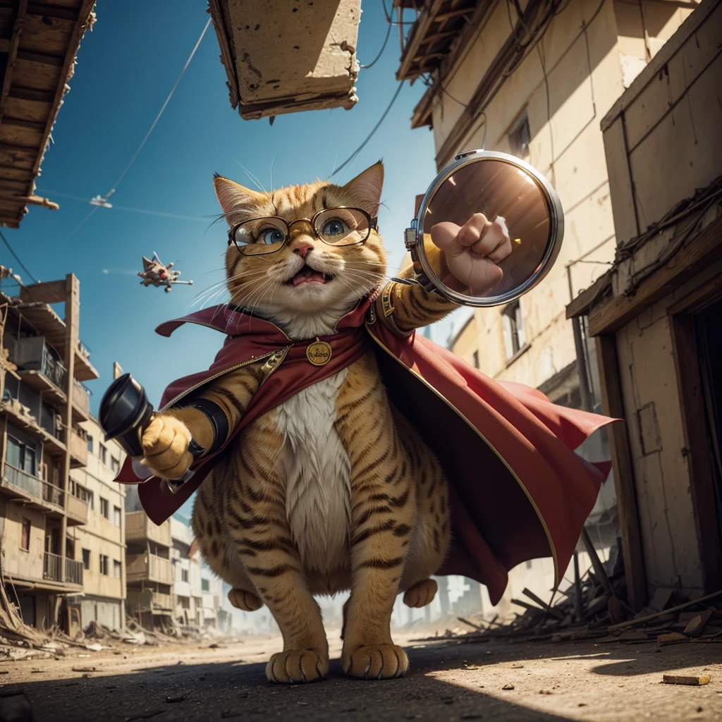 a yellow cartoon cat wearing aviator glasses, red cape, in a war-torn cartoon world against mutant cartoon rats, detailed, highly rendered, dynamic composition, vibrant colors, dramatic lighting, cinematic, award-winning illustration