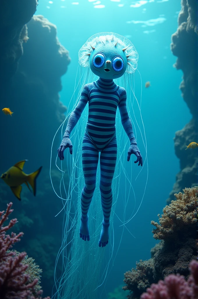Fishman, with jellyfish characteristics, his skin is translucent blue, his flagella are long, he is wearing a striped prisoner outfit, character design.