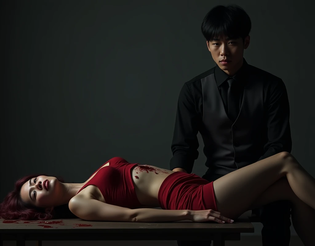 24-year-old shorter Caucasian woman, pained expression, lying supine on table with deep open wound in rib cage, vibrant maroon side-parted wavy medium-length hair, light skin, red midriff top, matching shorts, next to 190 cm tall, 27-year-old man with black bowl cut, side-swept bangs, Chinese-Korean-Japanese features, black shirt, business vest, black pants, sitting on floor next to low dark wood table, intense expression, blood on lips and mouth, minimalistic black and grey bedroom, dark lighting, photorealistic, cinematic.