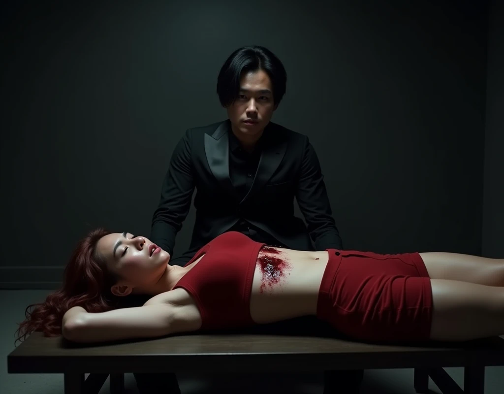 24-year-old shorter Caucasian woman, pained expression, lying supine on table with deep open wound in rib cage, vibrant maroon side-parted wavy medium-length hair, light skin, red midriff top, matching shorts, next to 190 cm tall, 27-year-old man with black bowl cut, side-swept bangs, Chinese-Korean-Japanese features, black shirt, business vest, black pants, sitting on floor next to low dark wood table, intense expression, blood on lips and mouth, minimalistic black and grey bedroom, dark lighting, photorealistic, cinematic.
