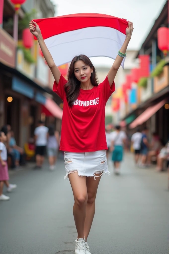 Displaying full HD high resolution photos, A beautiful Korean woman wearing a red shirt with letters "INDEPENDENCE", Standing in the middle of the road while holding the Indonesian flag in her hand, The woman is wearing a white denim skirt with small rips, Wearing white sneakers, While looking at the camera, the woman raises the Indonesian flag, The background is a lively atmosphere on the streets with a feel of Indonesian Independence Day, realistic