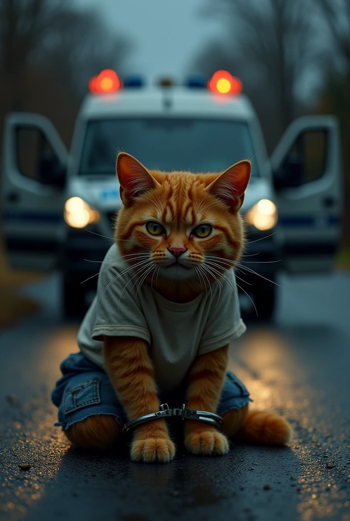 The orange, realistic chubby mother cat is on the road, her hands cuffed with iron handcuffs, crying uncontrollably. Her old t-shirt and shorts look even more tattered as she kneels on the ground, despair evident in her posture. In the background, the police van is visible, its doors open, ready to take her away, highlighting the tragic conclusion of this sad scene.