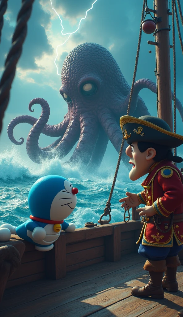 An image of Captain Doraemon wearing a pirate costume on a ship at sea. . Doraemon encounters a giant octopus monster, his face filled with panic in the middle of the sea. 3D 4K image with sharp details.